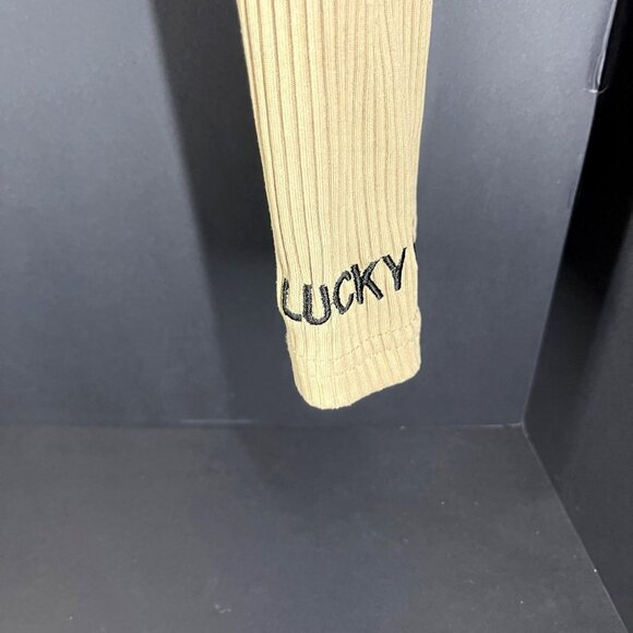 Beige Ribbed Zip-Up Long Sleeve Crop Top With "Lucky" Cuffs - M - Picture 4 of 7